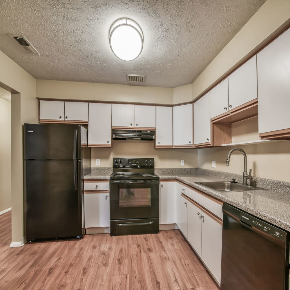 Kitchen with black appliances at Glenwood Pointe, Twinsburg, Ohio