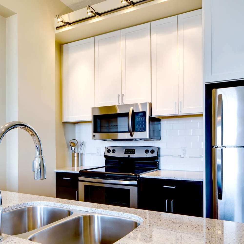 Kitchen with waterfall sink and white cabinetry at 430 Oak Grove in Minneapolis, Minnesota