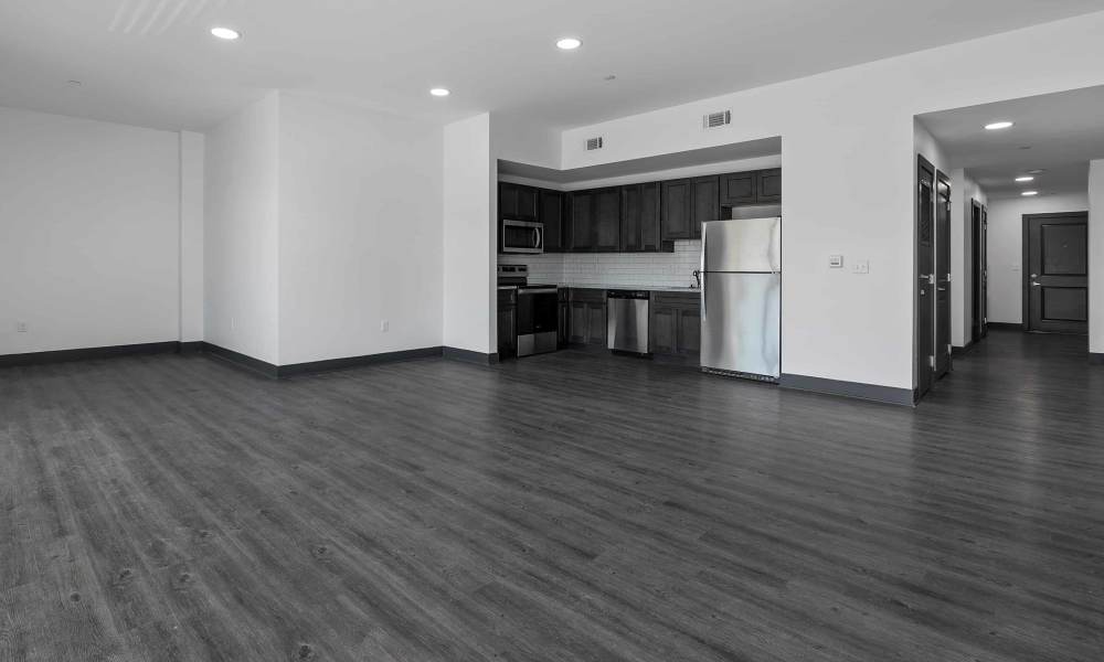Open layout of kitchen at The Lofts at the Municipal in Lafayette, Louisiana