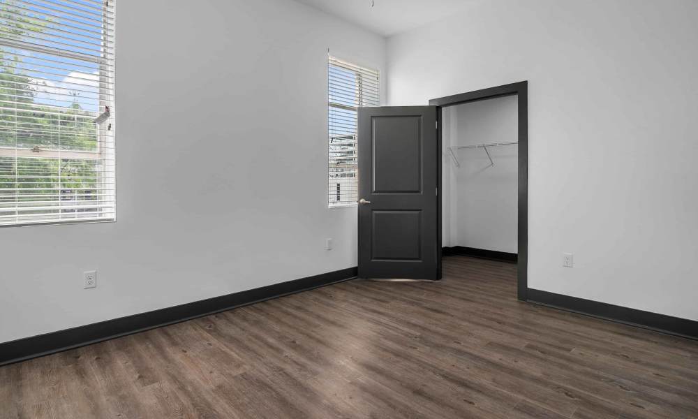 Closets in a bedroom at The Lofts at the Municipal in Lafayette, Louisiana