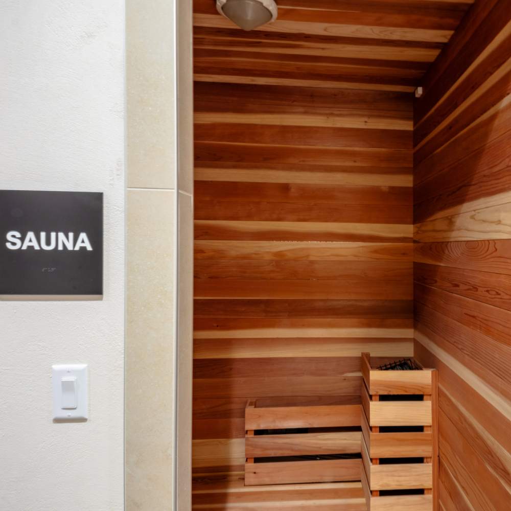 A close-up shot of a small, modern sauna room at Night Fall in Las Vegas. NV