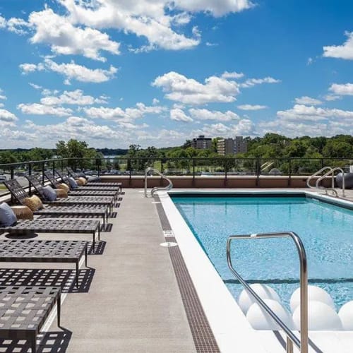 Lounge chairs by the pool at Foundry Lake Street in Minneapolis, Minnesota
