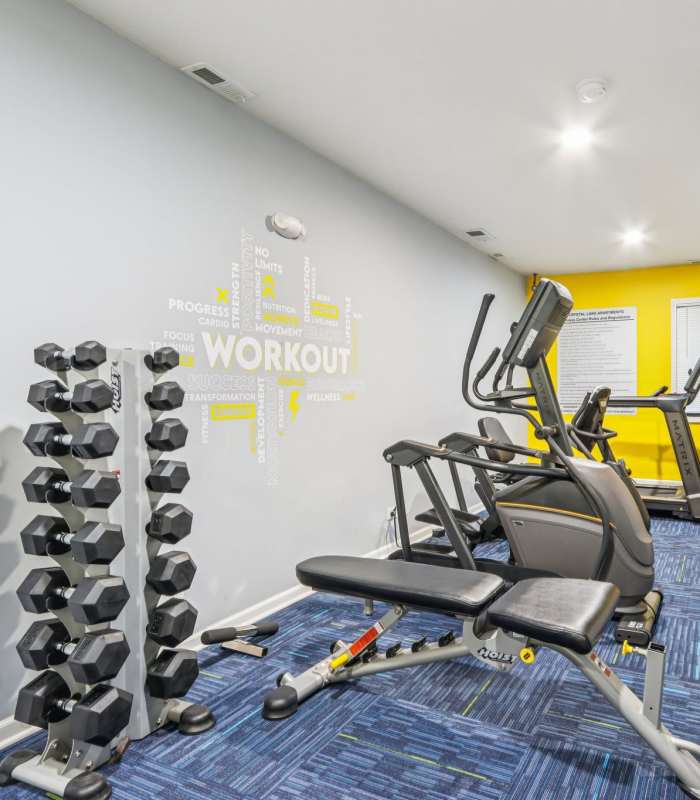 Fitness center with equipment at Crystal Lake Apartments in Crystal Lake, Illinois