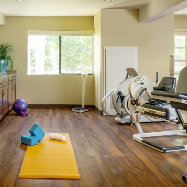 Fitness area at Pacifica Senior Living Menifee in Sun City, California.