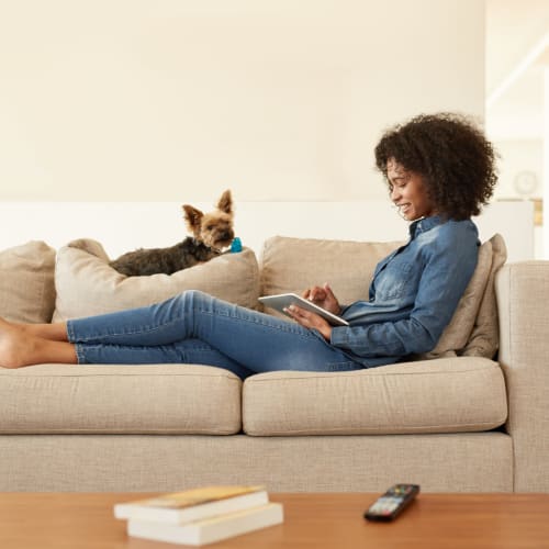 Woman laying on the couch working on some stuff while her dog lays on the side at The Retreat at Market Square in Frederick, Maryland