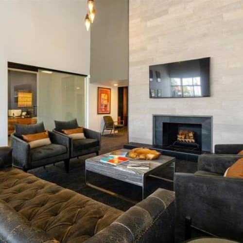 Fireplace in the clubhouse at Mesa Station Apartments in Mesa, Arizona