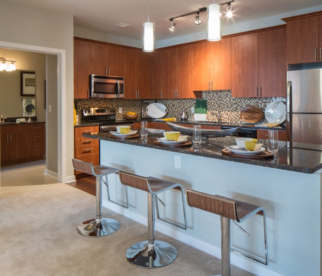 Huge kitchen island with barstool seating at The Tala at Washington Hill in Baltimore, Maryland