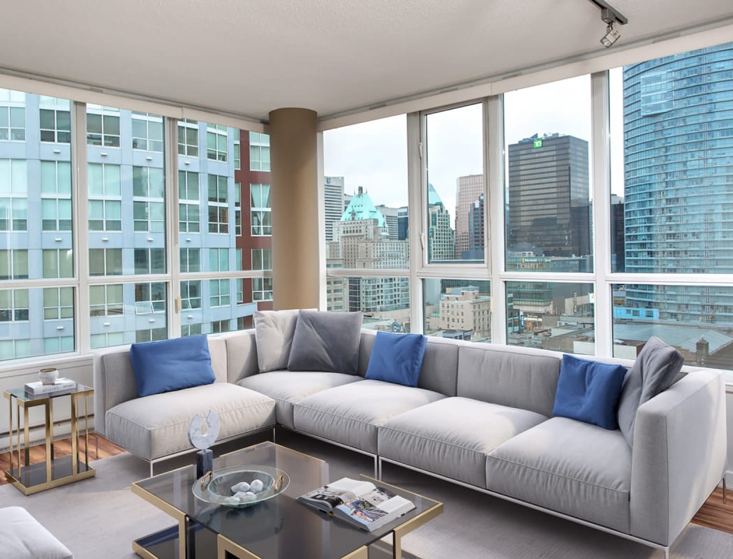 Check out the amazing view of the city right from the living room or bedroom in your apartment style home at Metropolitan Towers in Vancouver, British Columbia
