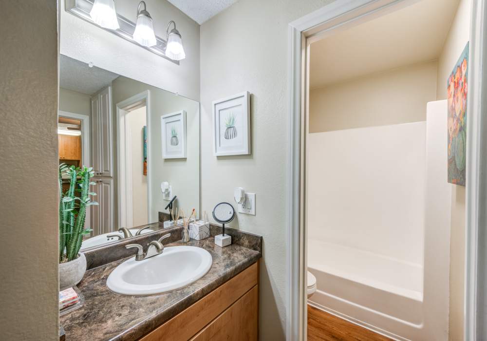 Modern washroom at UCE Apartment Homes in Fullerton, California  