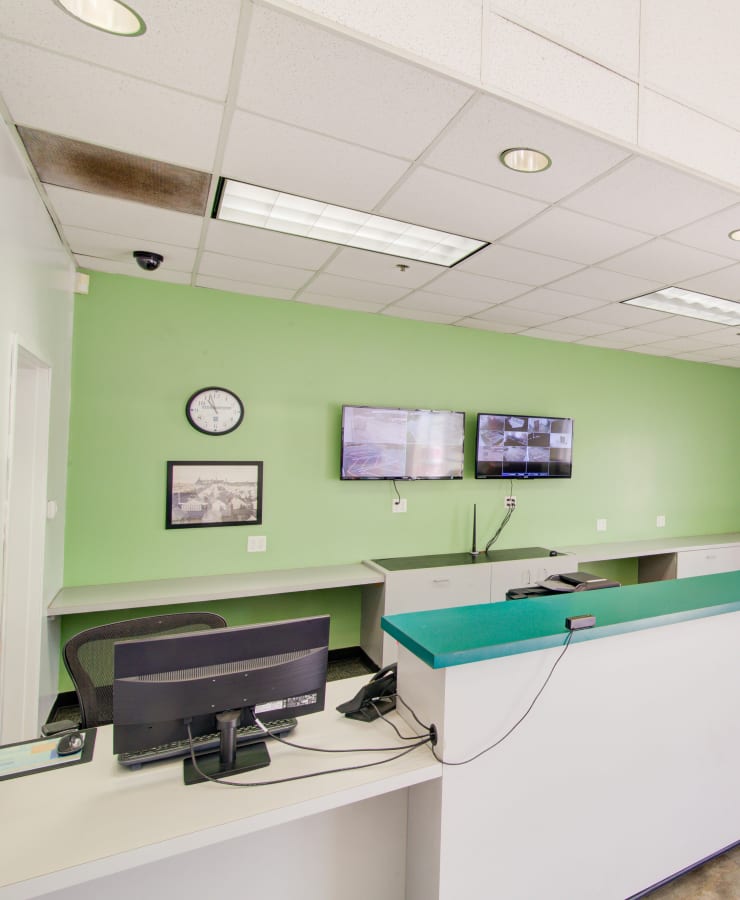 Inside the leasing office at StorQuest Self Storage in San Diego, California