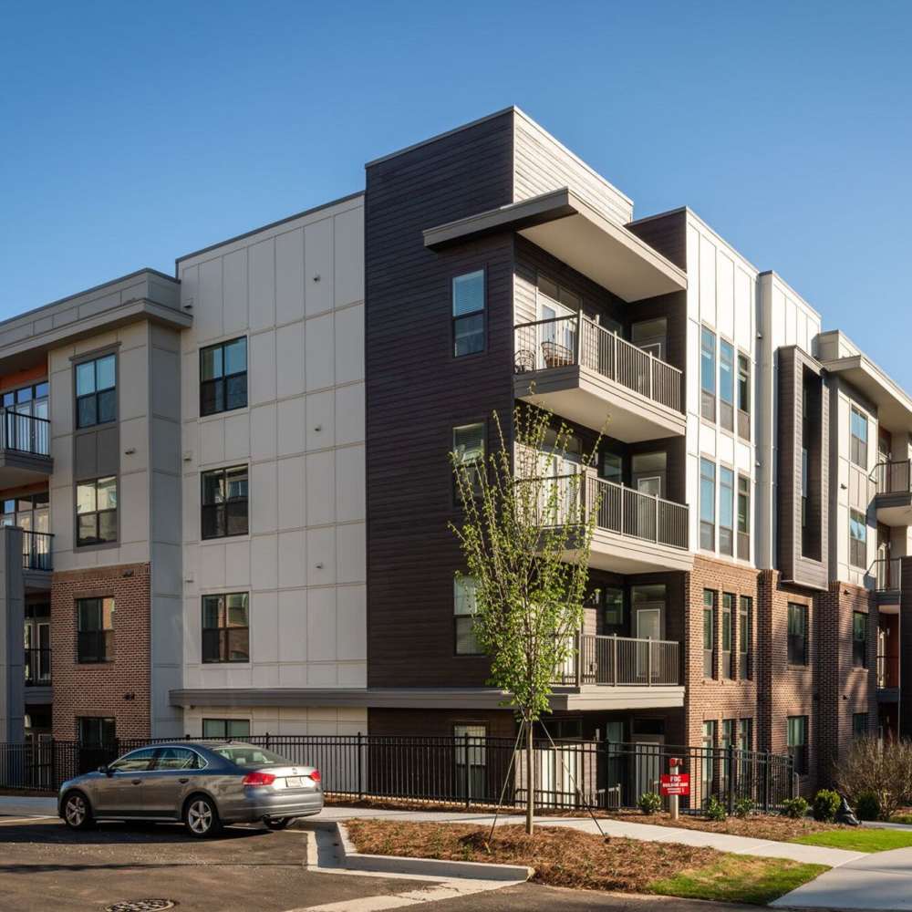 External view of garden-style apartment at Siena Suwanee Town Center in Suwanee, Georgia
