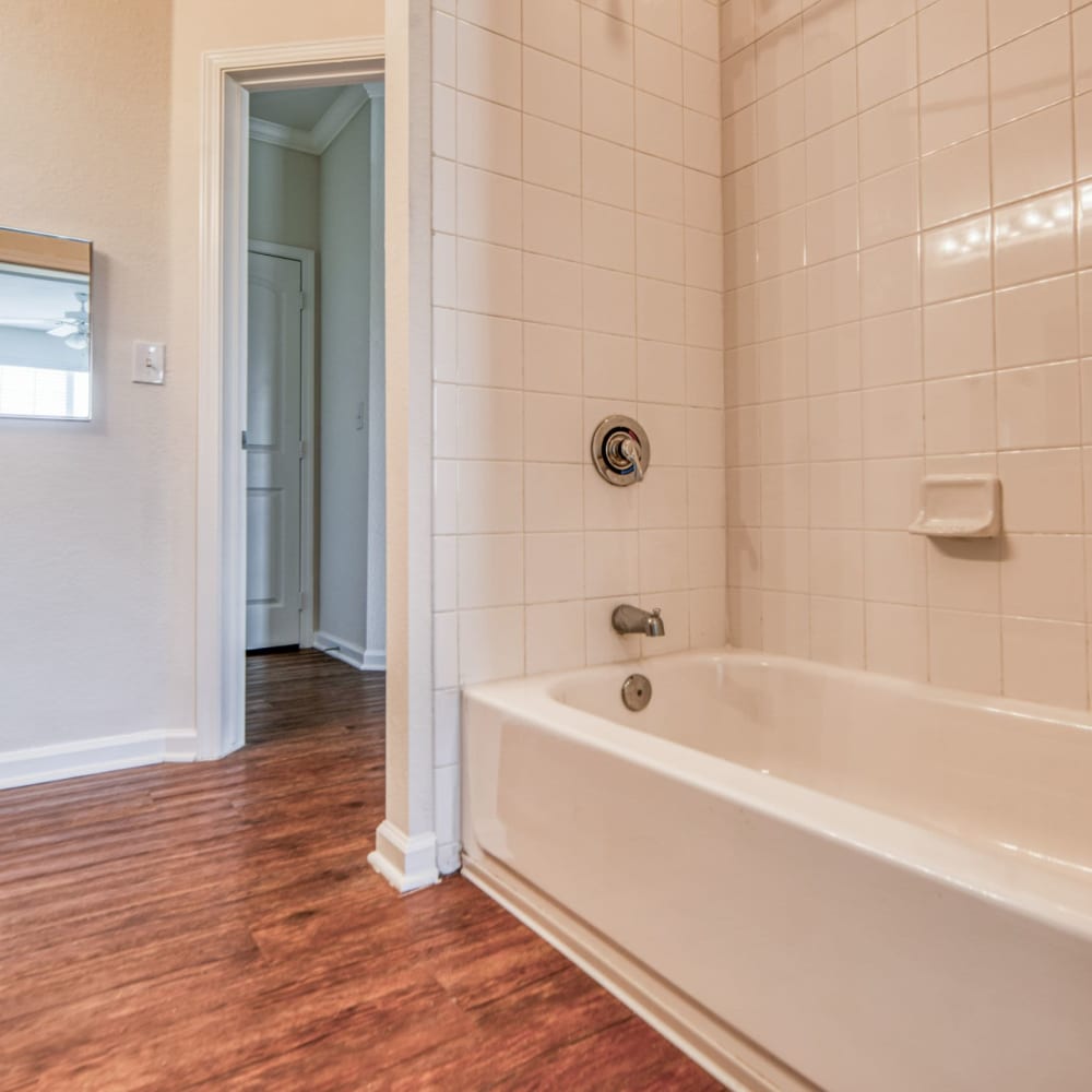 Bathroom with tub and shower at Bridgeway Apartments, Maryville, Tennessee