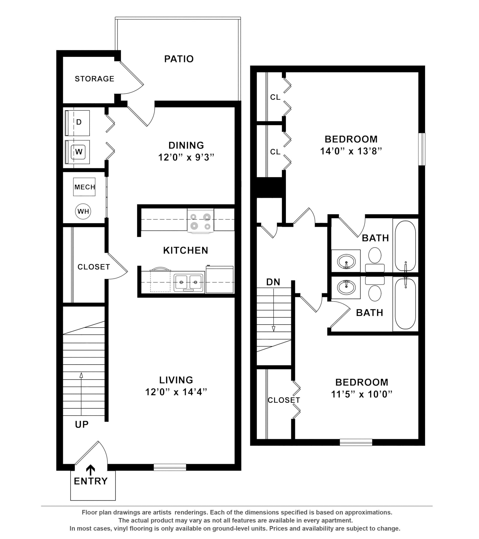 2x2 floor plan drawing at Cypress Creek Townhomes in Goodlettsville, Tennessee