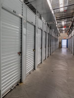 An aisle of storage units inside Nova Storage in Los Angeles, California