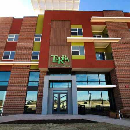 Exterior of leasing center at Terra at University North Park in Norman, Oklahoma