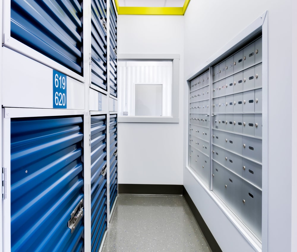 Interior storage units and mailboxes at CityBox Storage in Calgary, Alberta