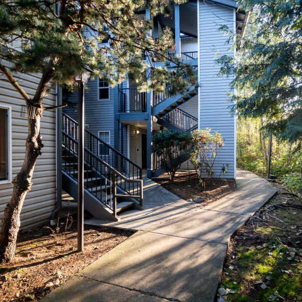 paved walkway leading to an apartment building stairway at Barkley Apartments in Bellingham, Washington