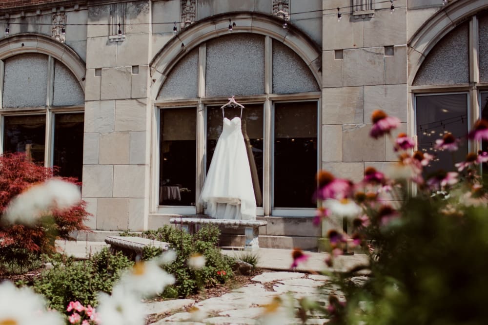 Wedding dress on display at The Whitcomb Senior Living Tower in St. Joseph, Michigan