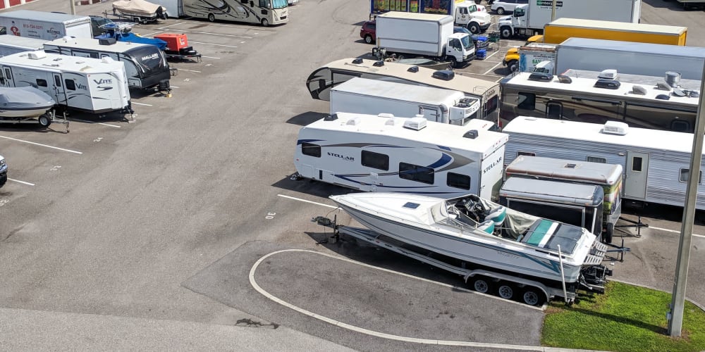 RVs and boats stored at StorQuest RV & Boat Storage in Wilsonville, Oregon