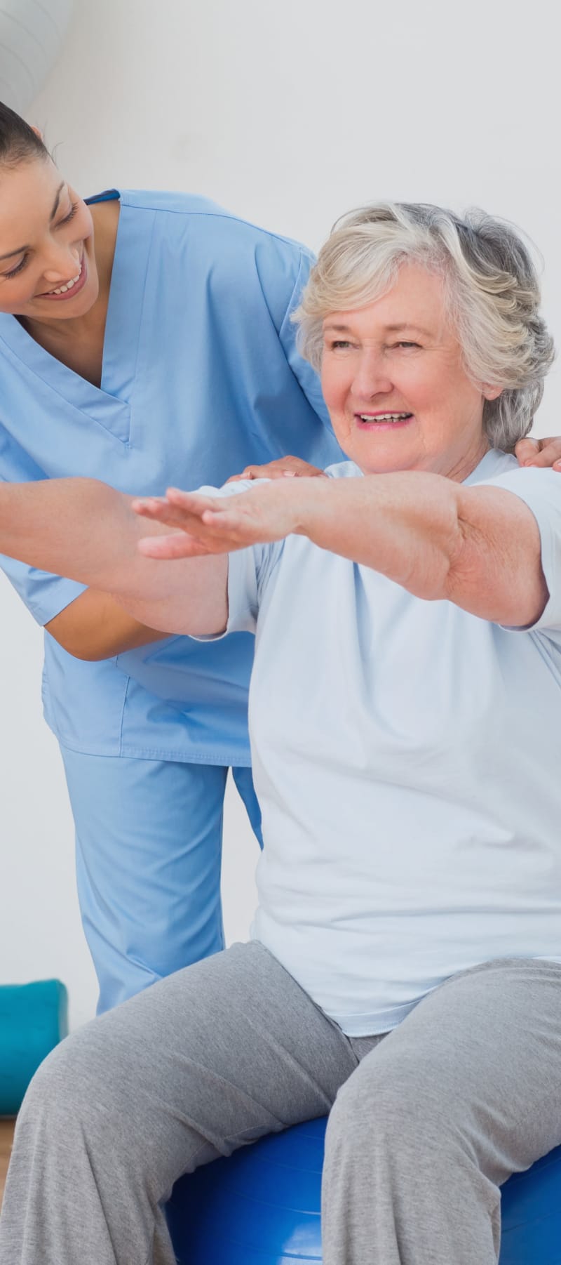 Resident on an exercise ball at Edgerton Care Center in Edgerton, Wisconsin