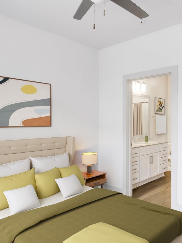 Bedroom with ceiling fan at Lantower Waverly in Charlotte, North Carolina