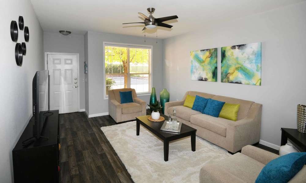 Modern living room with cozy couch and ceiling fan at Las Ventanas in Alamogordo, New Mexico