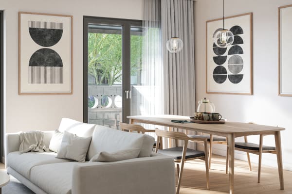 Bright living room with door to patio at Canopy at the Trails in Phoenix, Arizona