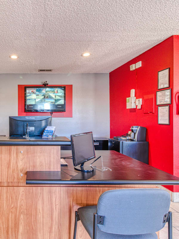Inside the leasing office at Devon Self Storage in Apple Valley, California