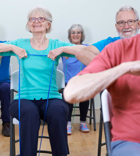 Residents in a fitness class at Garden Place Columbia in Columbia, Illinois.
