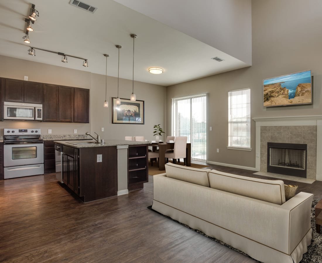 Modern furnishings in a model home's living space at Parkside Towns in Richardson, Texas