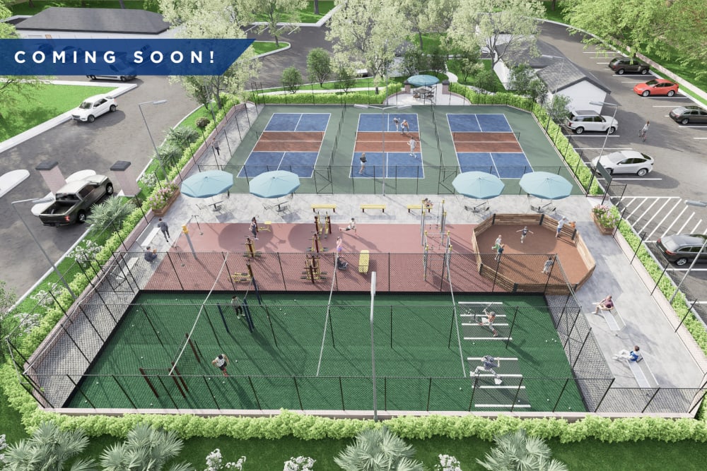 Rendering of new amenities coming soon to Oaks at Sugarloaf in Lawrenceville, Georgia including a brand new playground, pickleball courts, gaga ball pit, and batting cages.