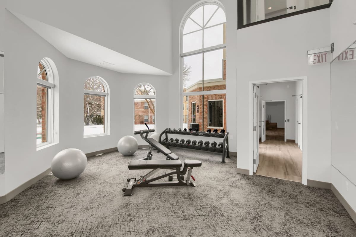 Weight lifting equipment in the clubhouse at Vicksburg Village in Plymouth, Minnesota