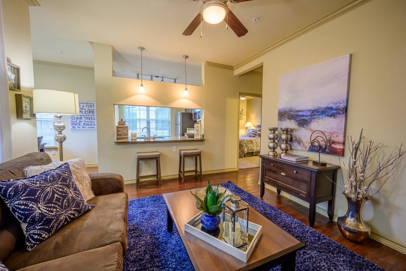 Living room with lovely wood floors at Pecan Springs Apartments in San Antonio, Texas