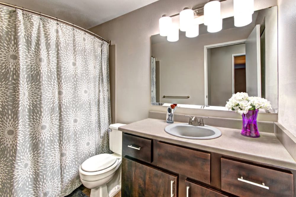 A bright and stylish bathroom at Wellington Apartment Homes in Silverdale, Washington