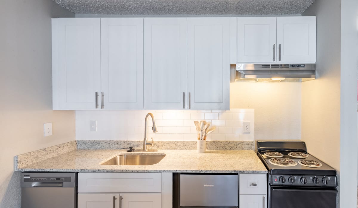 Kitchen with a dishwasher and white cupboards at The Iris in San Antonio, Texas