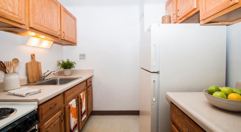 Kitchen featuring wood cabients and a stove at Pine Grove Manor in Muskegon, Michigan