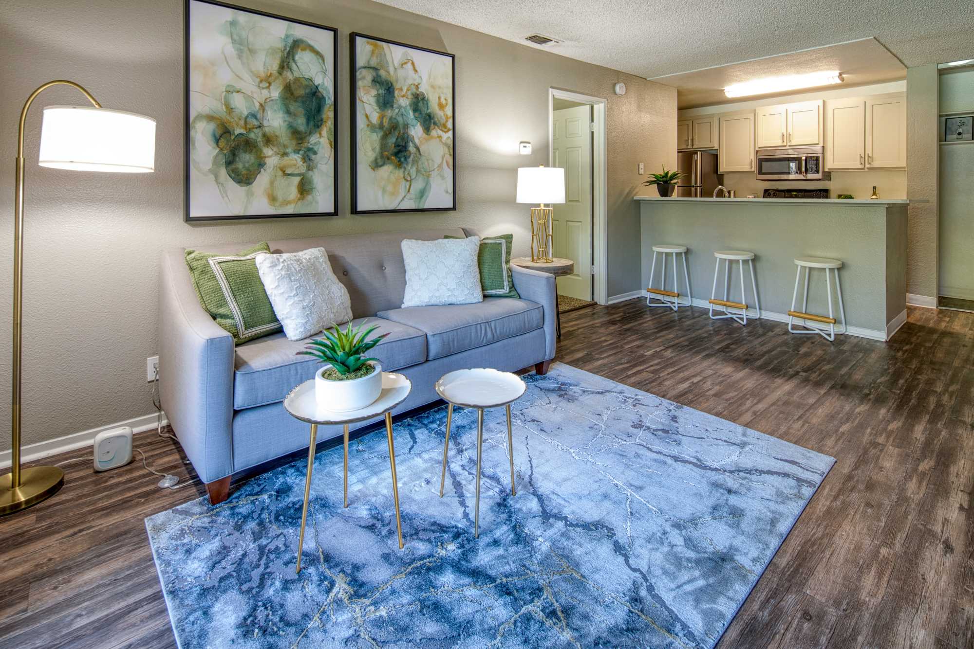 Spacious living room with large couch, coffee table and wood-style flooring at Falls at Arden in Sacramento, California