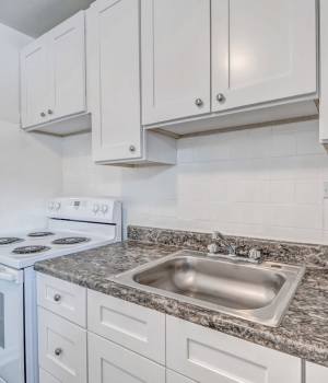 Modern kitchen with granite countertops at Chatham Grove Apartments in Chicago, Illinois