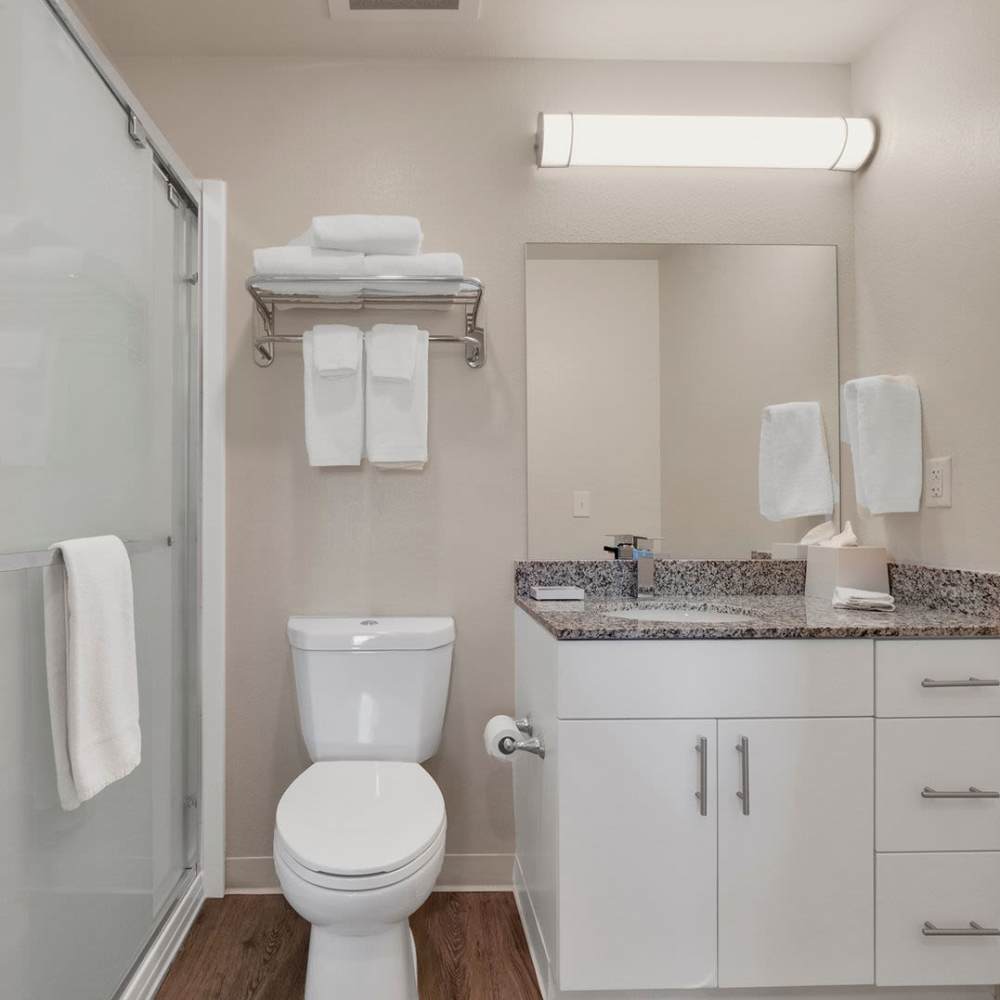 Master bedroom with own bathroom, plush carpeting, and connected to living room at WaterWalk Charlotte - Arrowood in Charlotte, North Carolina