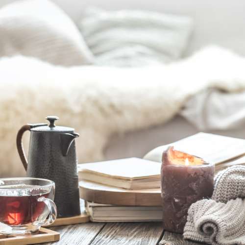 Cozy set up with a blanket and candle at Trailhead Flats in Colorado Springs, Colorado