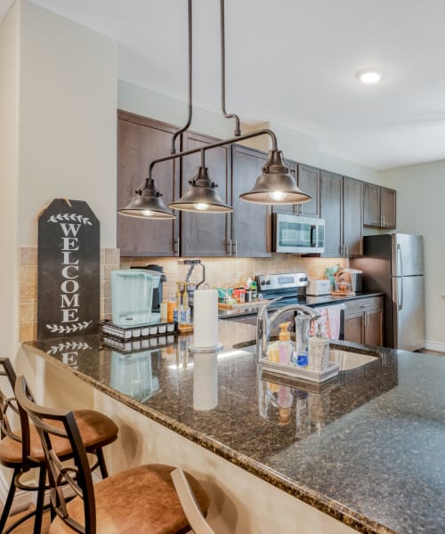 Granite counters in a kitchen at Huntsville Village Apartments in Huntsville, Texas