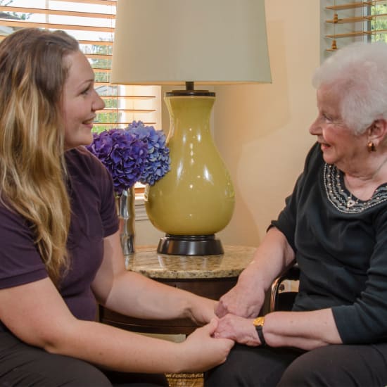 Resident and daughter talking at Madonna Gardens in Salinas, California