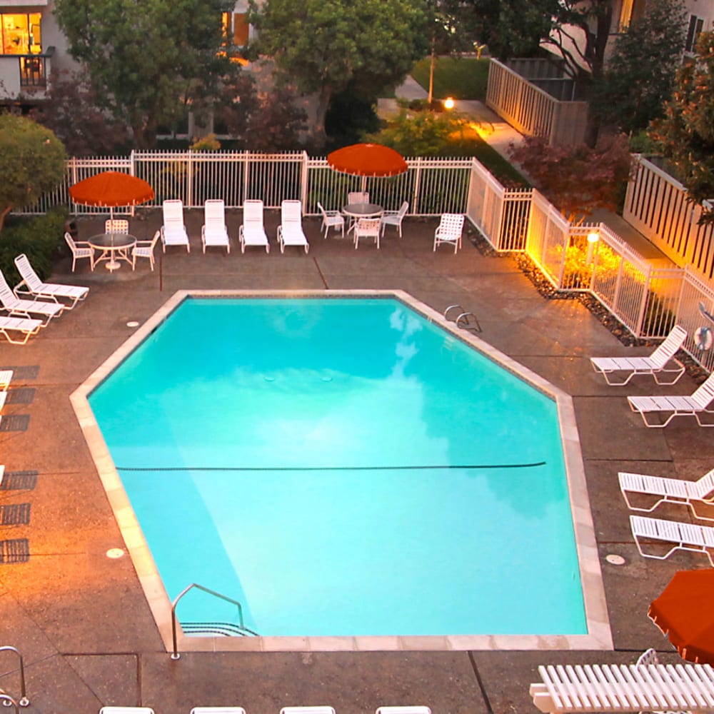 Aerial view of the swimming pool at Newport Apartments in Campbell, California