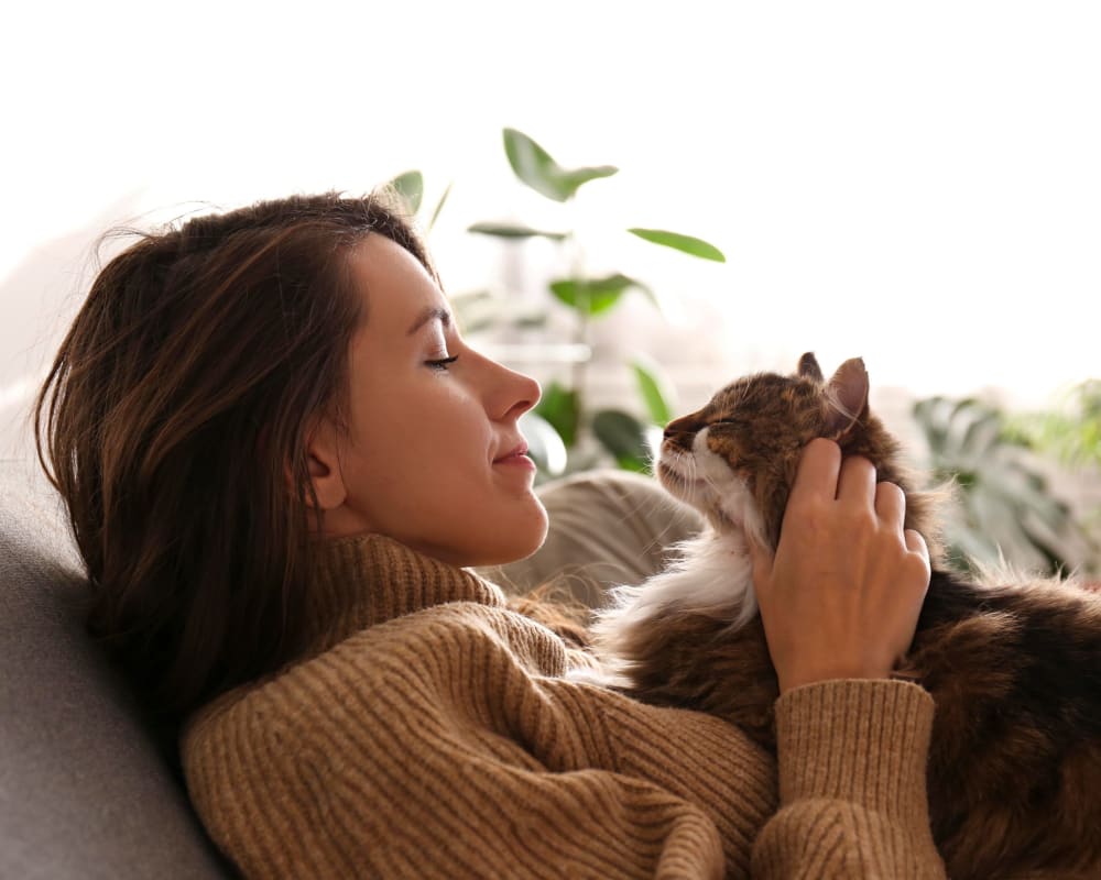 Resident holding her cat at Hawkins Meadow in Amherst, Massachusetts