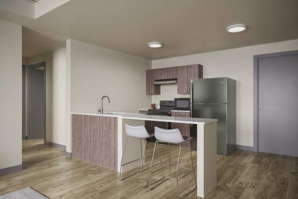 Spacious apartment kitchen at Polly O'Meara Doyle Hall in Santa Rosa, California 