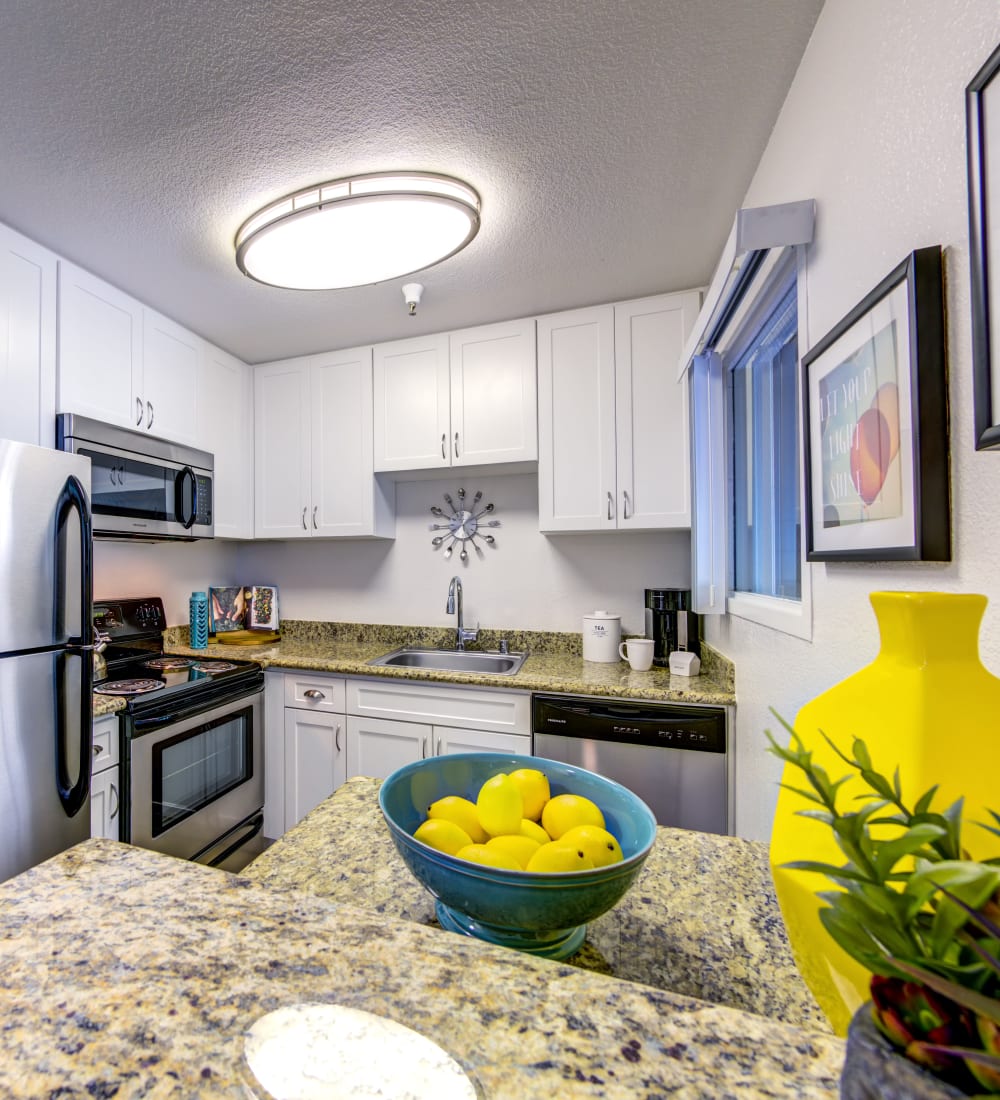 Modern kitchen with stainless-steel appliances and granite countertops in a model home at Sofi Sunnyvale in Sunnyvale, California