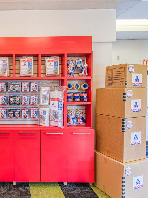 Moving supplies available for purchase at Devon Self Storage in Thousand Palms, California