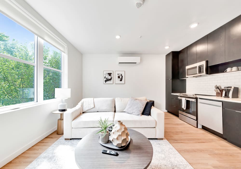 Bright and well decorated living room at The Robert in Portland, Oregon