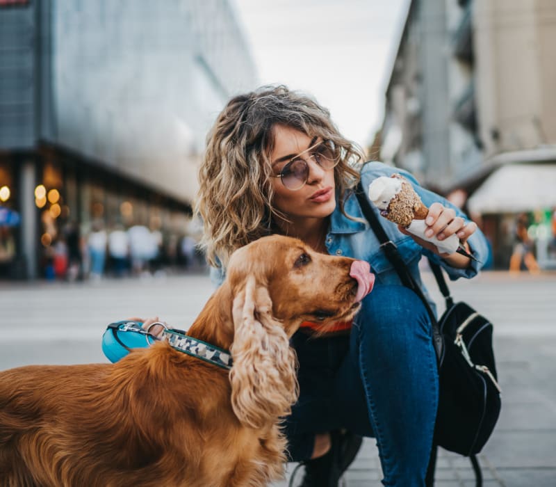 Resident sharing her ice cream with her dog outside of Marq Midtown 205 in Charlotte, North Carolina