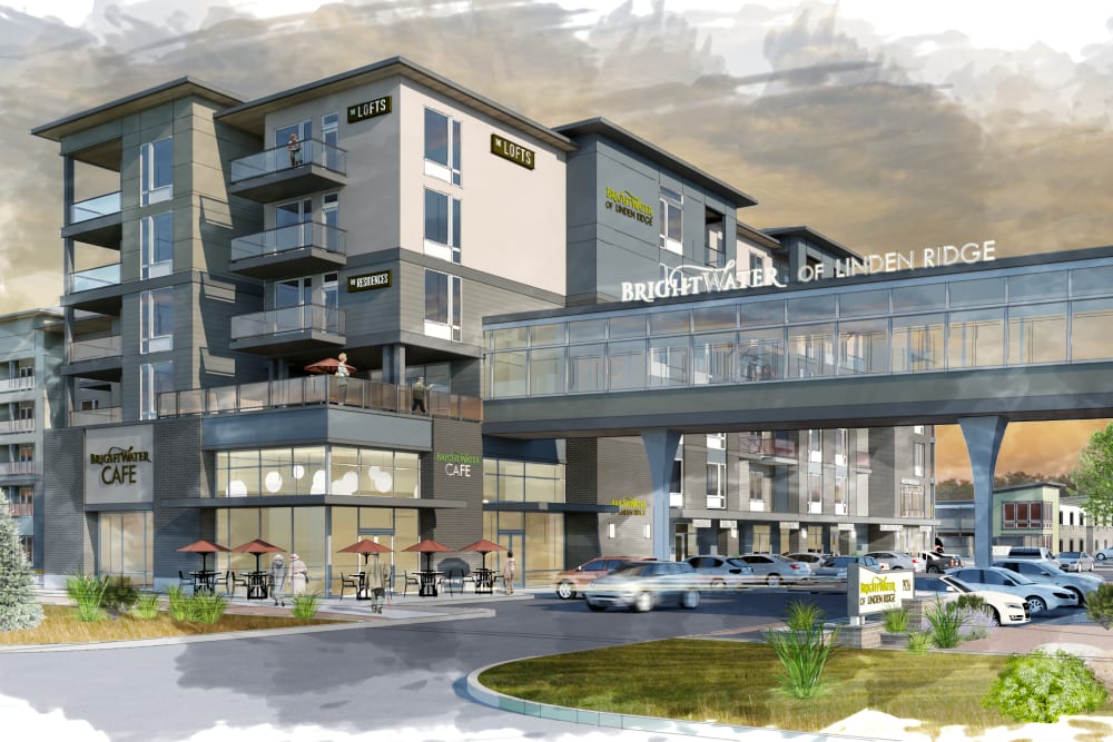 A rendering of the parking lot and main entrance at Brightwater Senior Living of Linden Ridge in Winnipeg, Manitoba